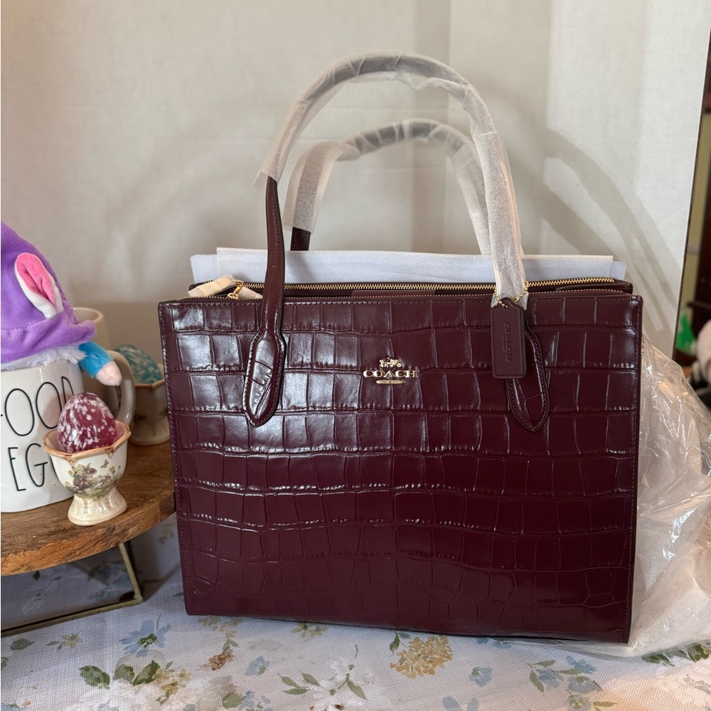 Coach Burgundy Croc-Embossed Leather Tote